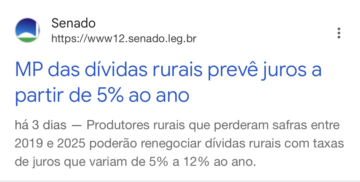 Notícia do Senado sobre a MP das dívidas rurais com juros a partir de 5% ao ano