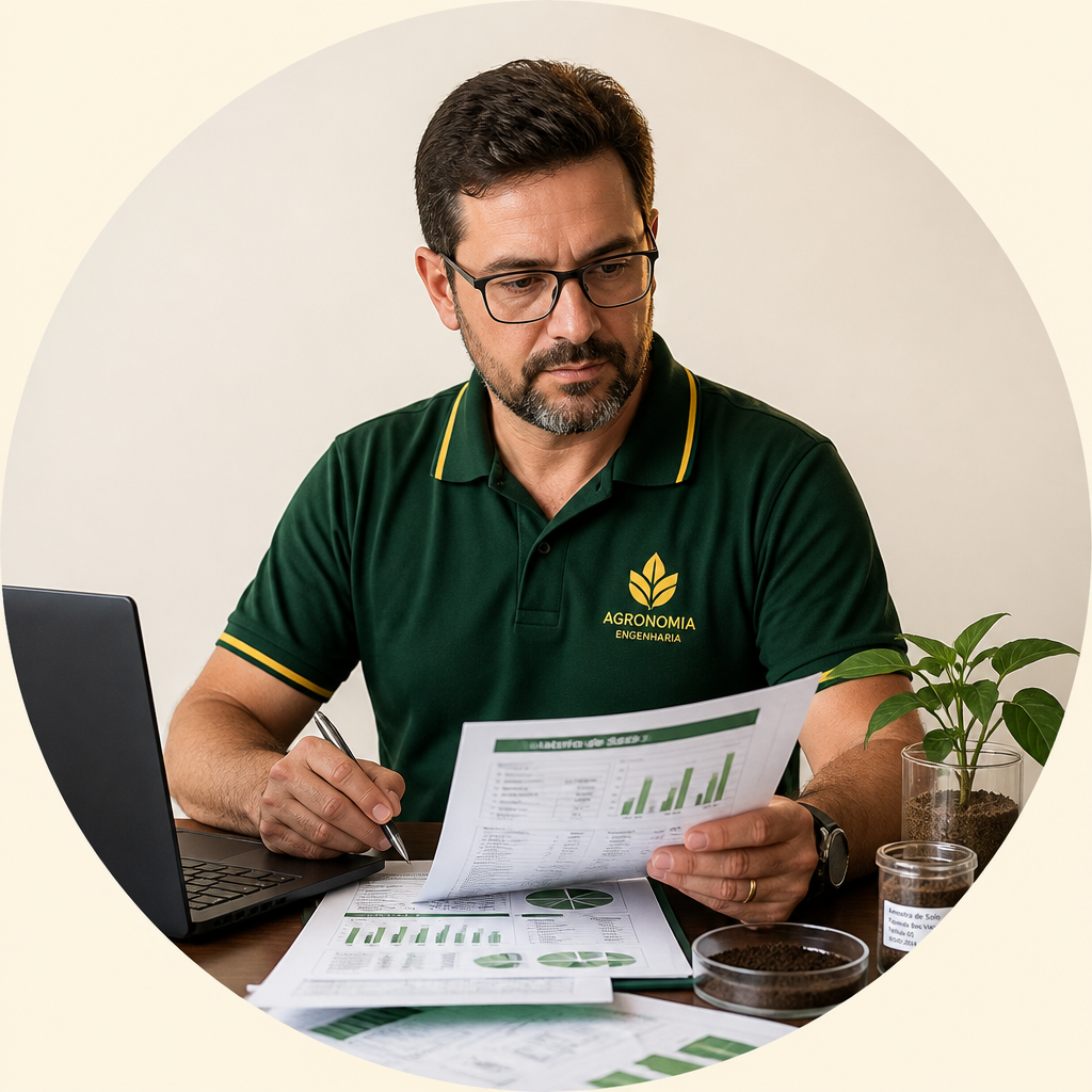 Engenheiro agrônomo analisando laudos e relatórios técnicos